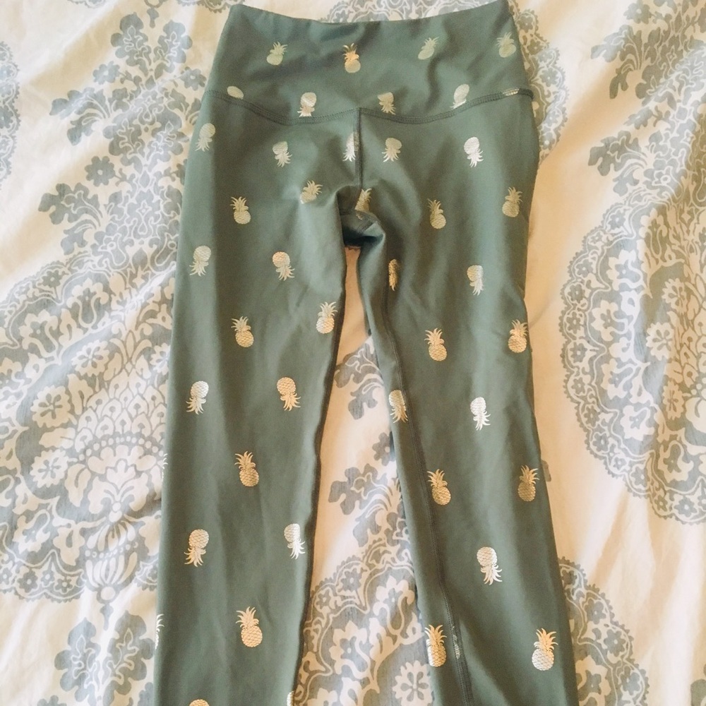 Beyond Yoga Olive Green Leggings with Gold Pineapple Print
